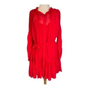 Banana Republic Red Silk Blend Ruffle Couquette Belted Long Sleeve S NWT Fairy